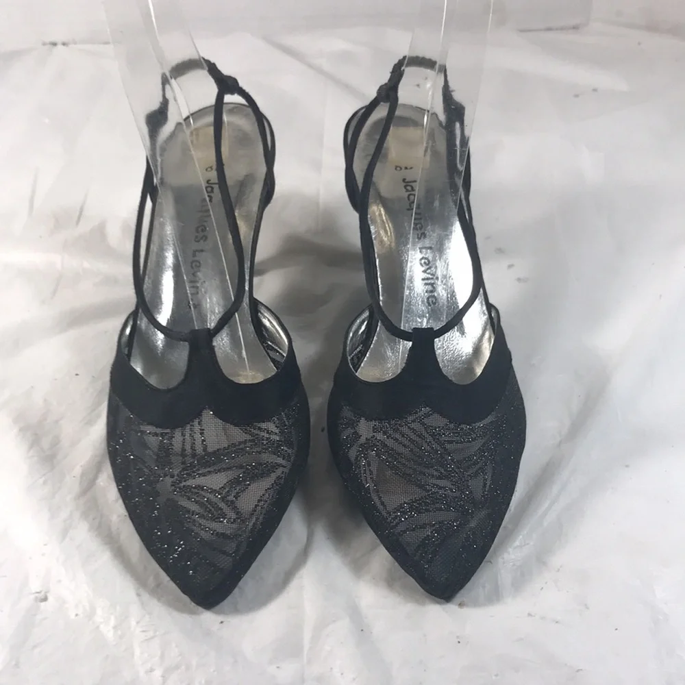 Jacques Levine Women’s Sparkly Shear Black Women's Kitten Heel Pointy Toe Shoes